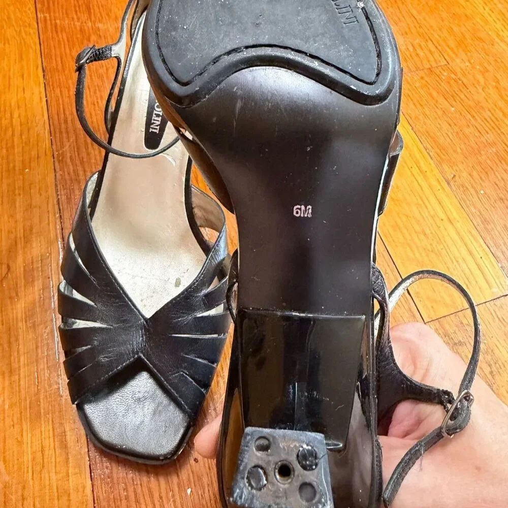 Vintage 90s Black Leather Strappy Cage Heels Open Toe Ankle Strap Sz 6